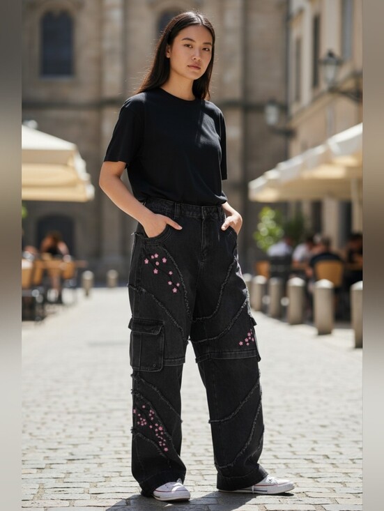 unpractical Denim - Unpractical Sakura Convertible Cargo Jeans NWT Black Floral Denim Medium